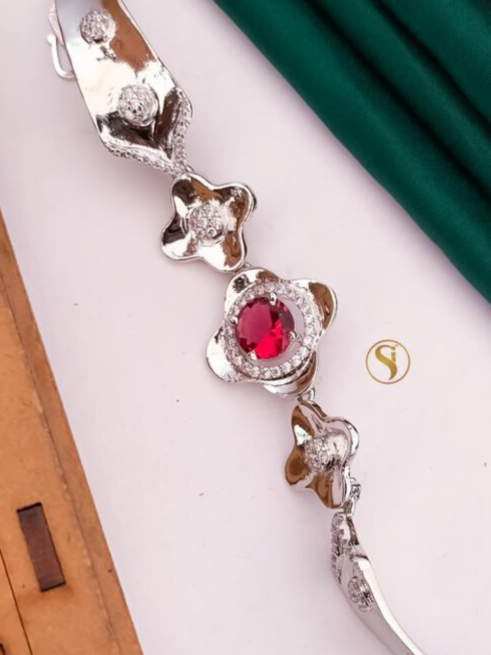 Diamond Red Stone Silver Bracelet