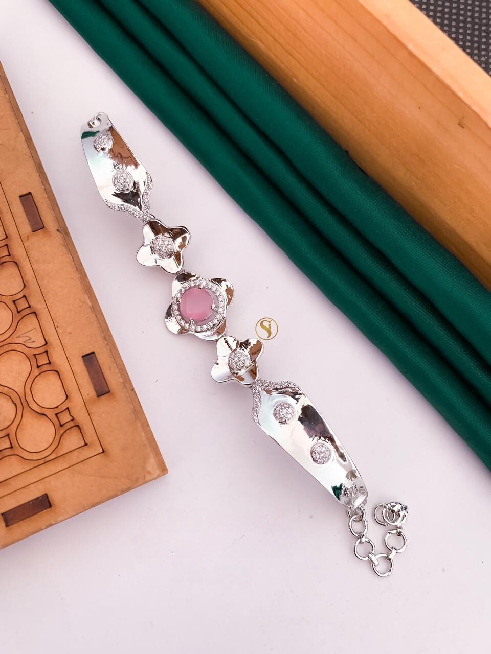 Diamond Pink Stone Silver Bracelet