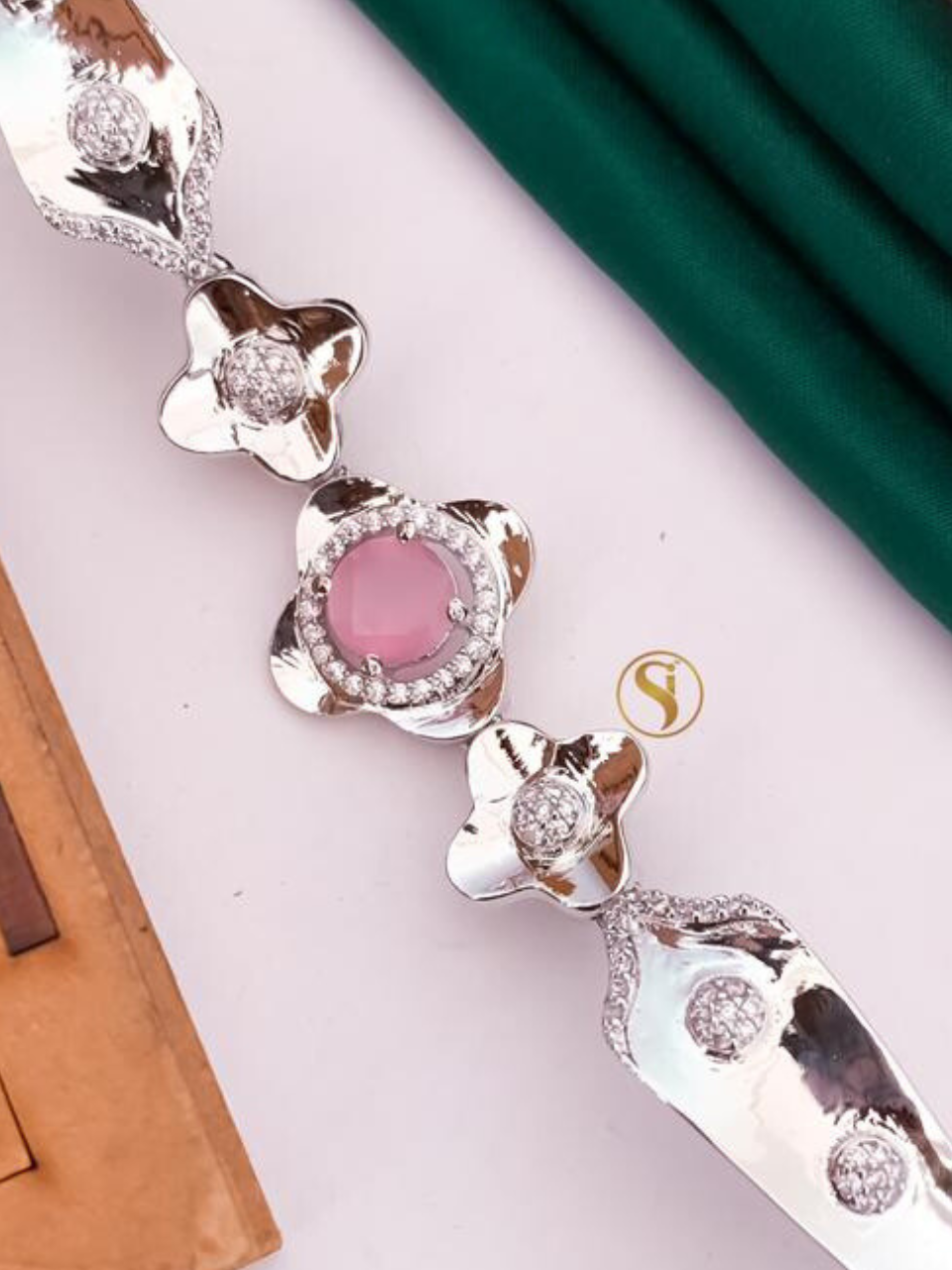 Diamond Pink Stone Silver Bracelet