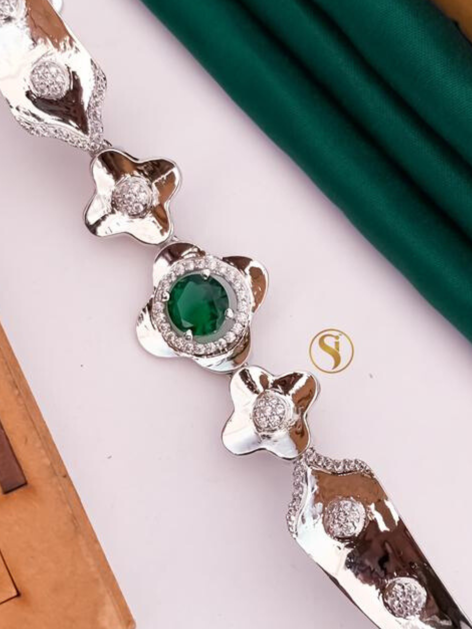 Diamond Green Stone Silver Bracelet