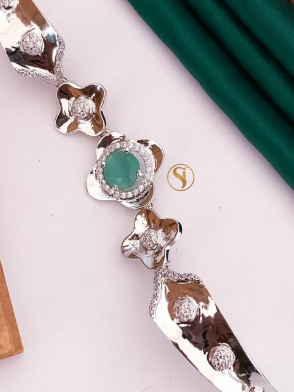 Diamond Light Green Stone Silver Bracelet