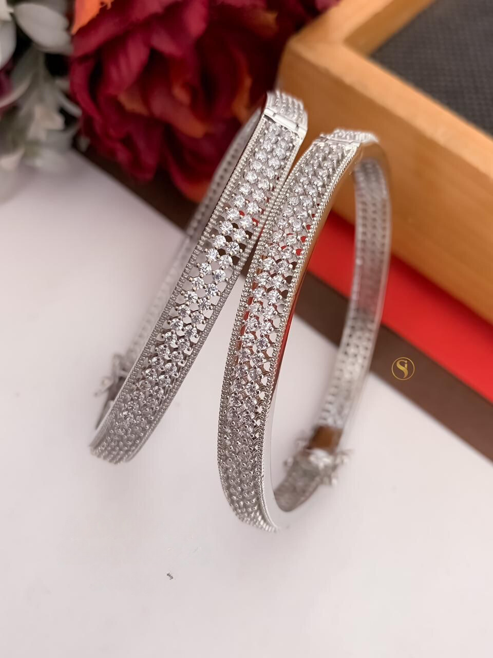 Silver Gold Plated Solitaire Micro Diamond Bangles