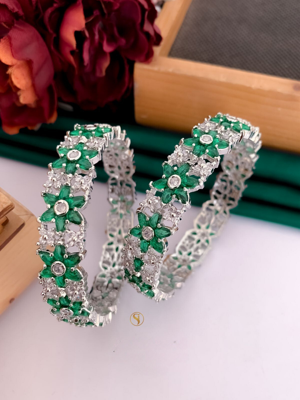 Premium Quality Sterling Silver Green Sapphire Bangles