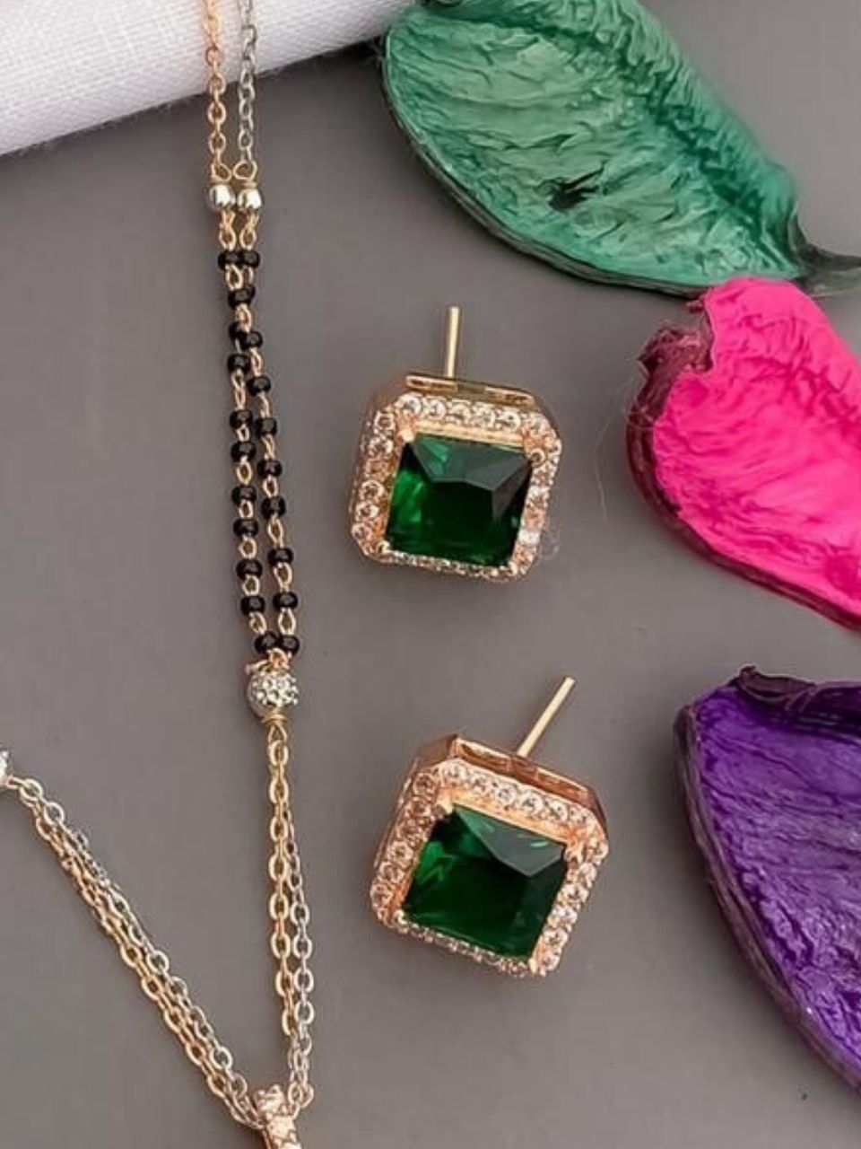 Rose Gold Plated Square Designer Mangalsutra Pended Set With Emerald Stones