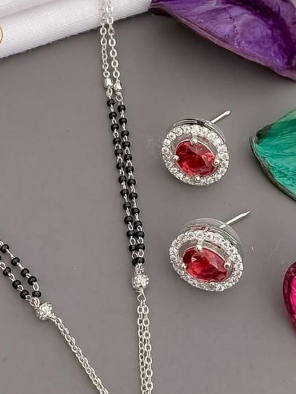 Silver Plated Designer Mangalsutra Pended Set With Emerald Stones