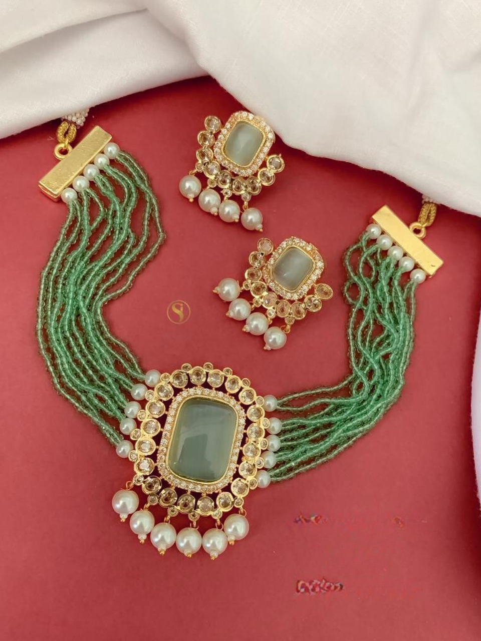 Green Pearl Studded Crystal Choker Necklace Set