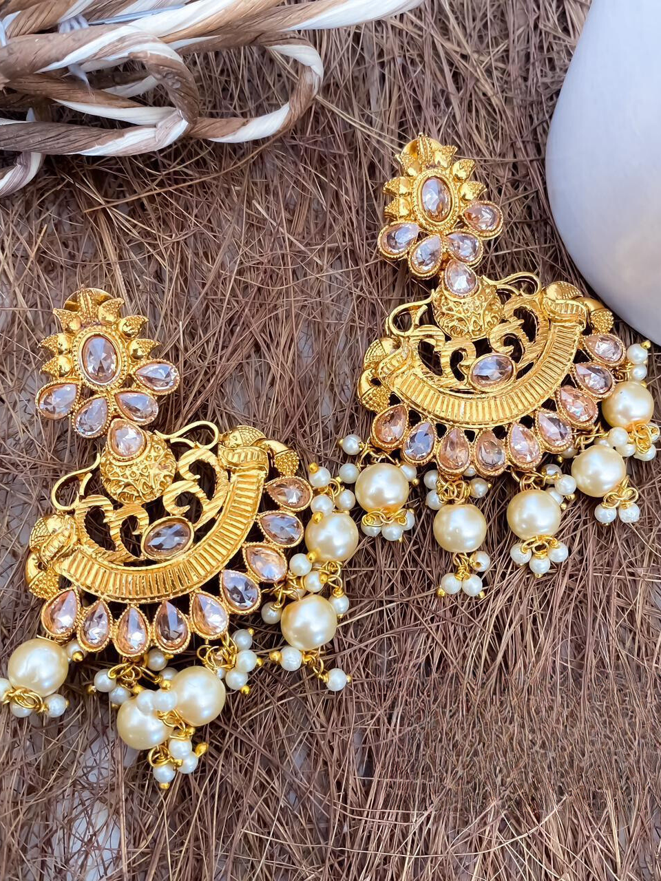Gold Finish Meenakari Chandbali Earrings