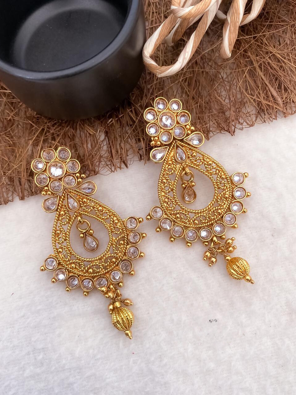 Gold Finish Meenakari Chandbali Earrings