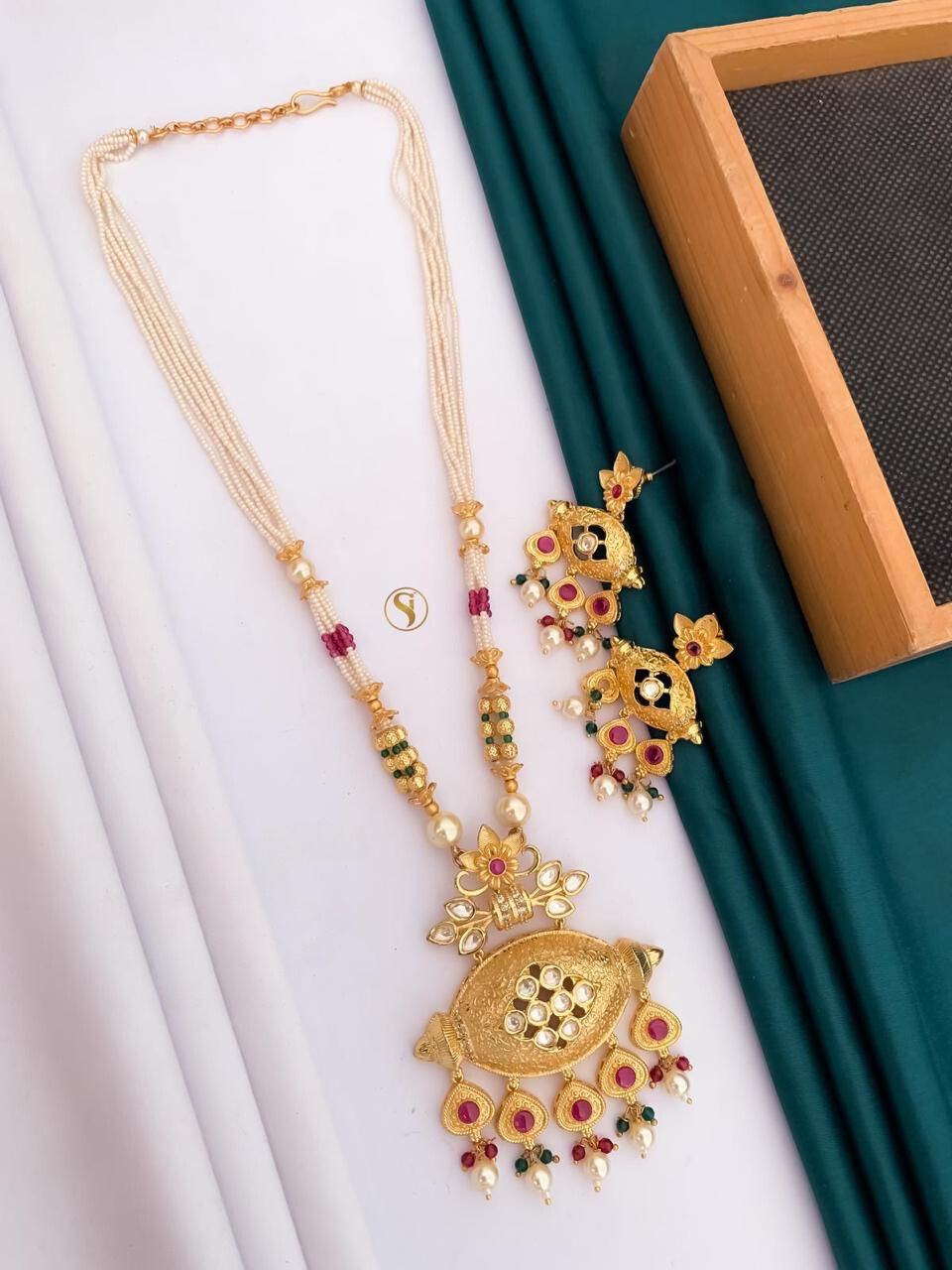 Gold Plated Pearl Long Necklace Set