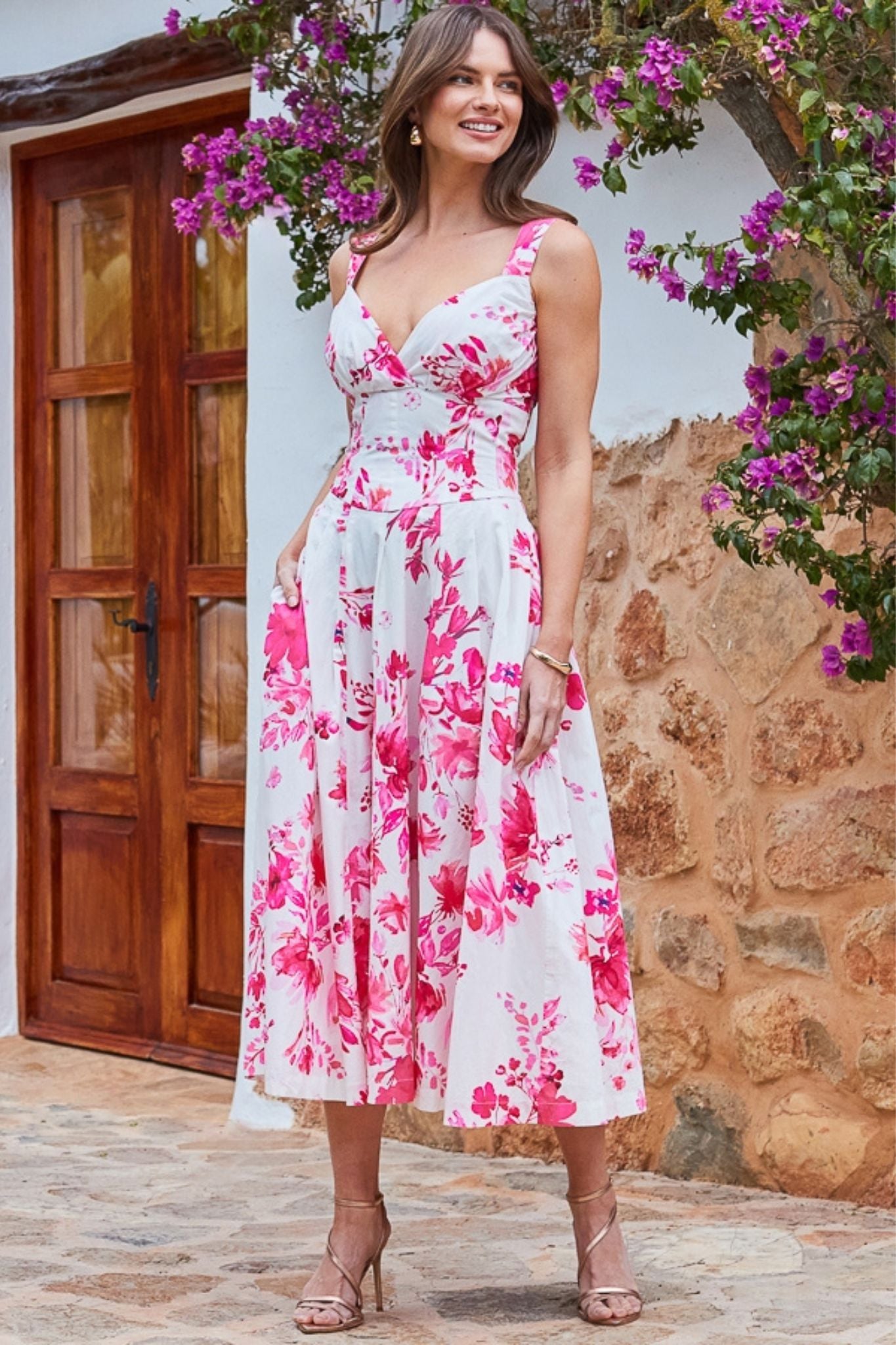 PINK & WHITE FLORAL PRINT DRESS WITH POCKETS