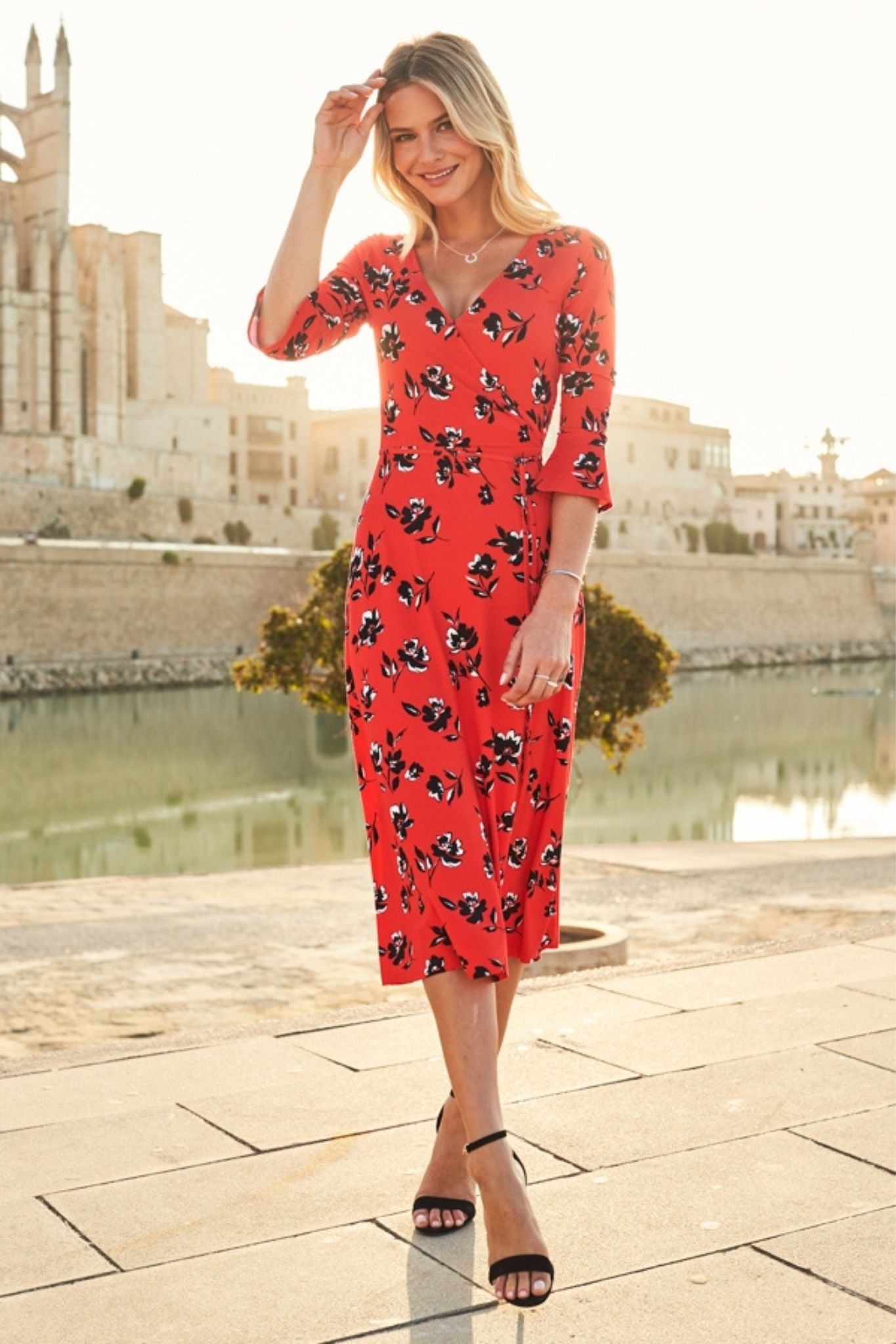 Floral Print Red & Black Jersey Midi Dress