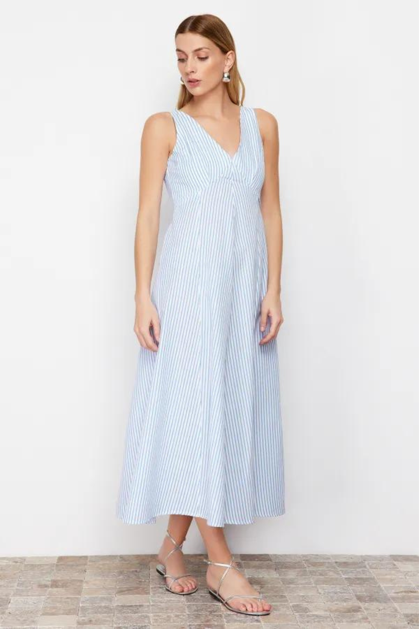 white Striped A-line V-neck Maxi Dress