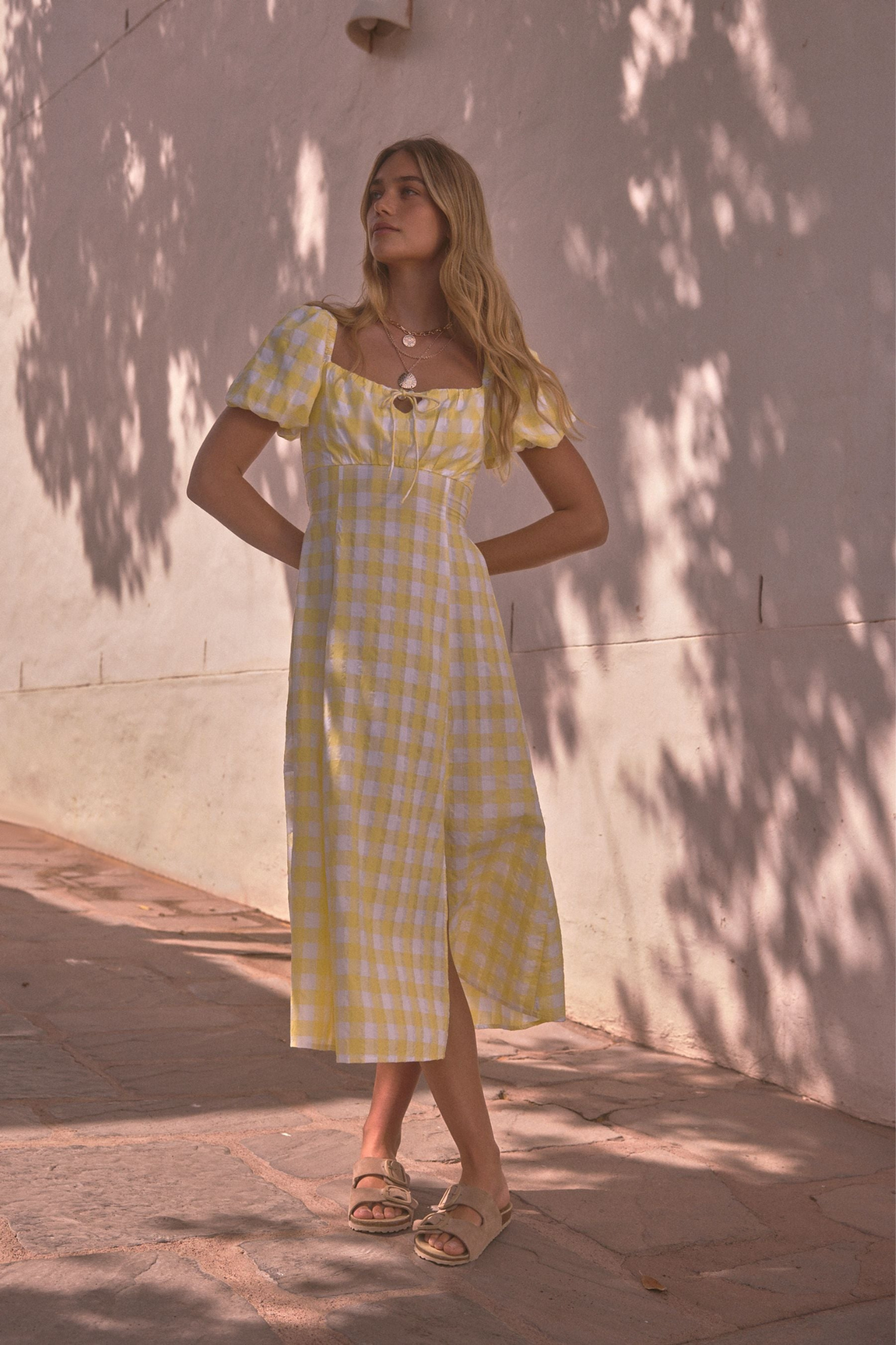 Yellow Check Puff Sleeve Midi Dress