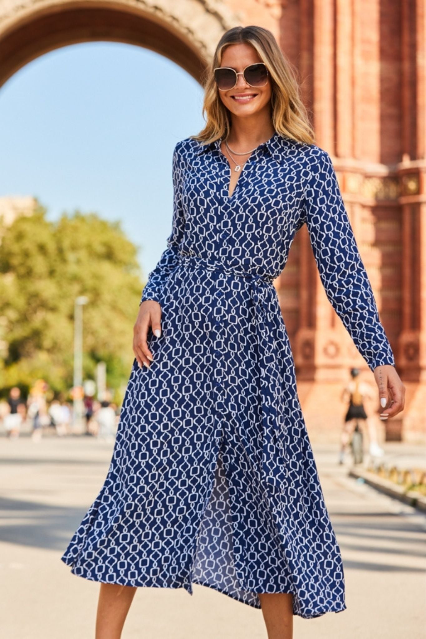 Blue & White Foliage Print Jersey Shirt Dress