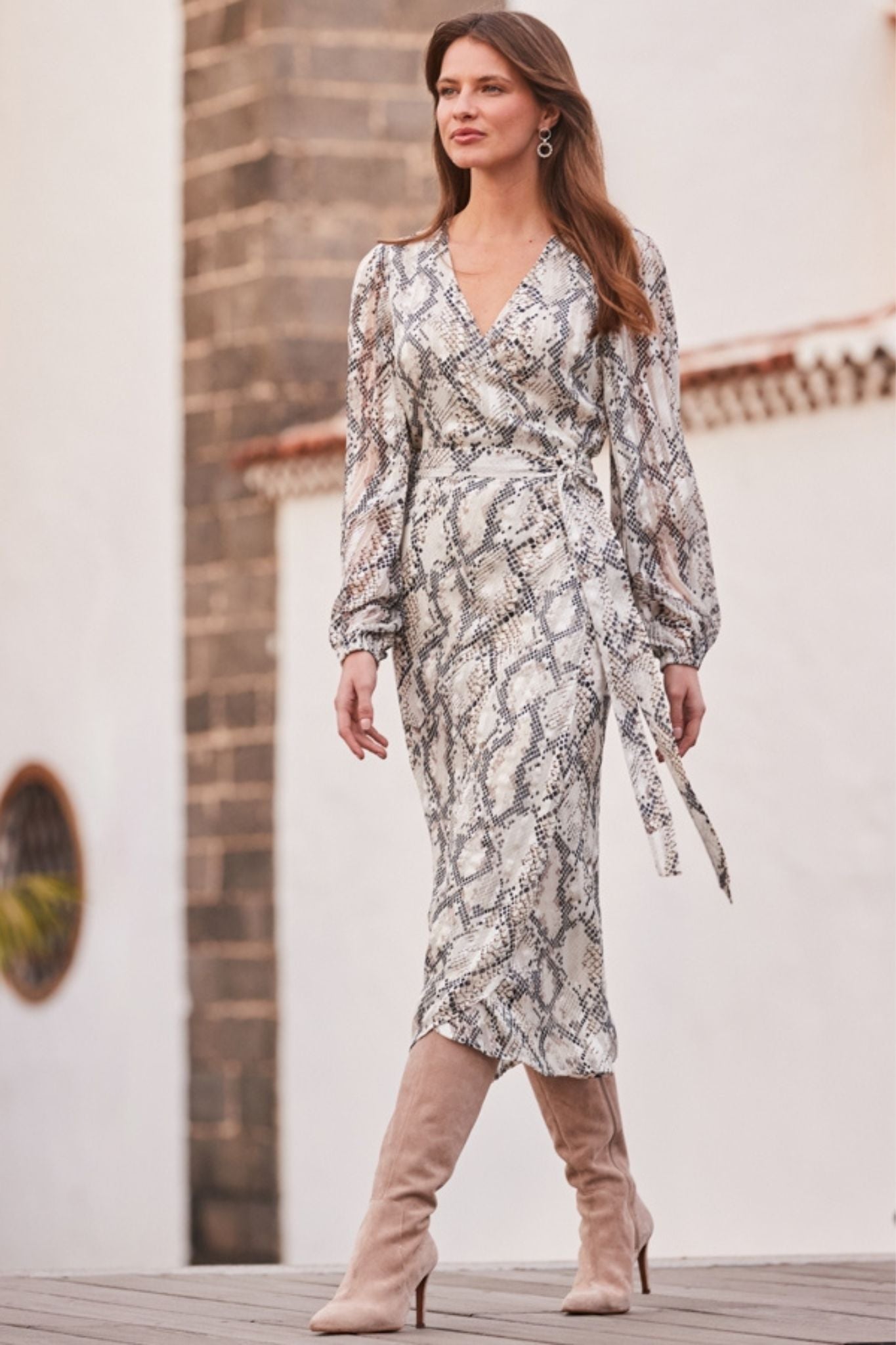 Snake print Sleeve Wrap Midi Dress