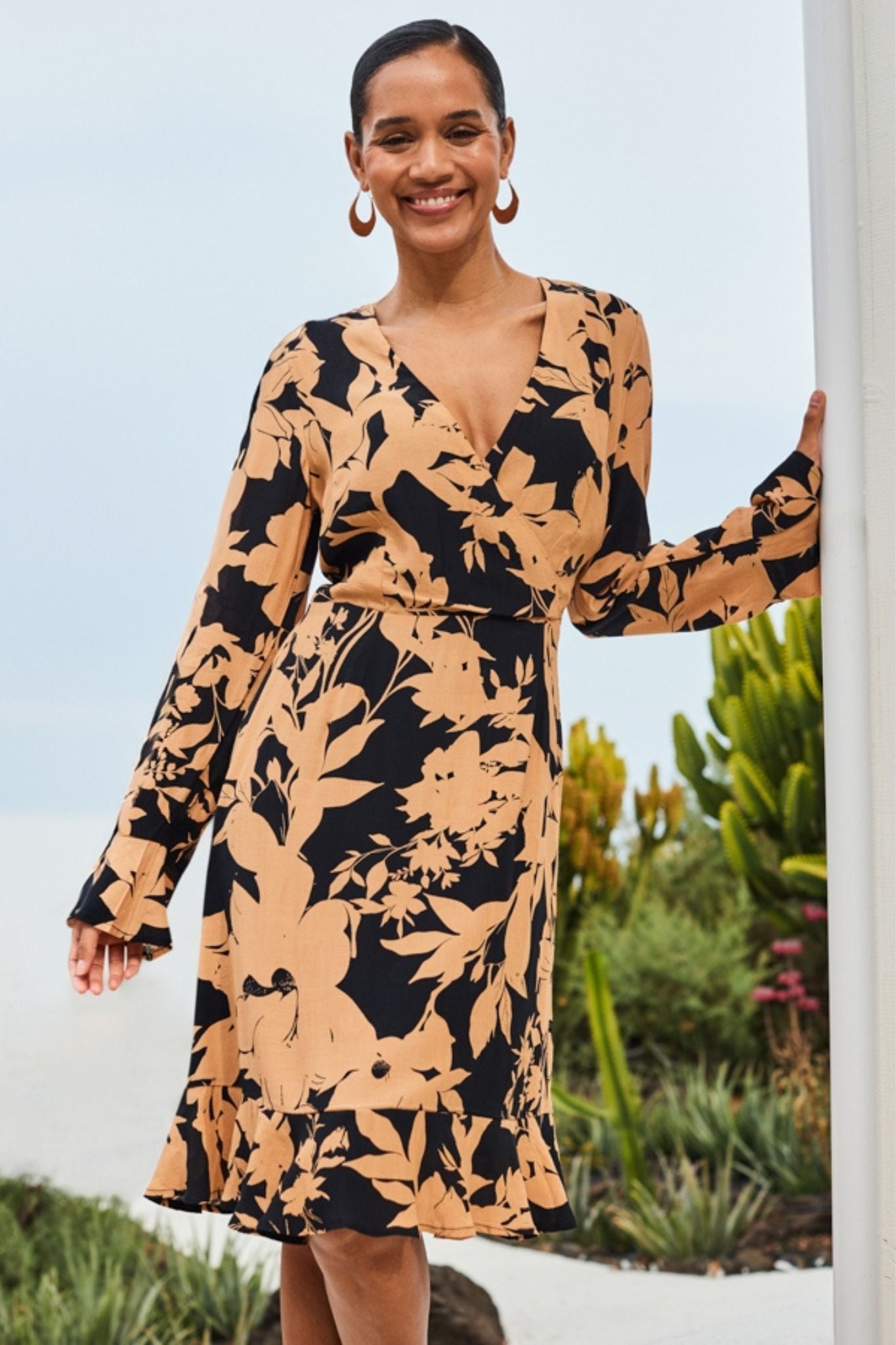 Panama Midi Wrap Dress In Beige With Black Leaf Print