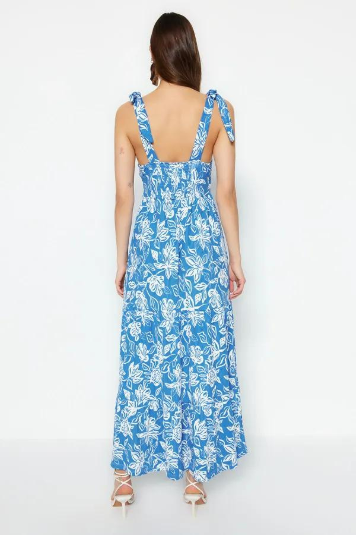 Navy Blue Tie Strap Floral Maxi Knitted Dress