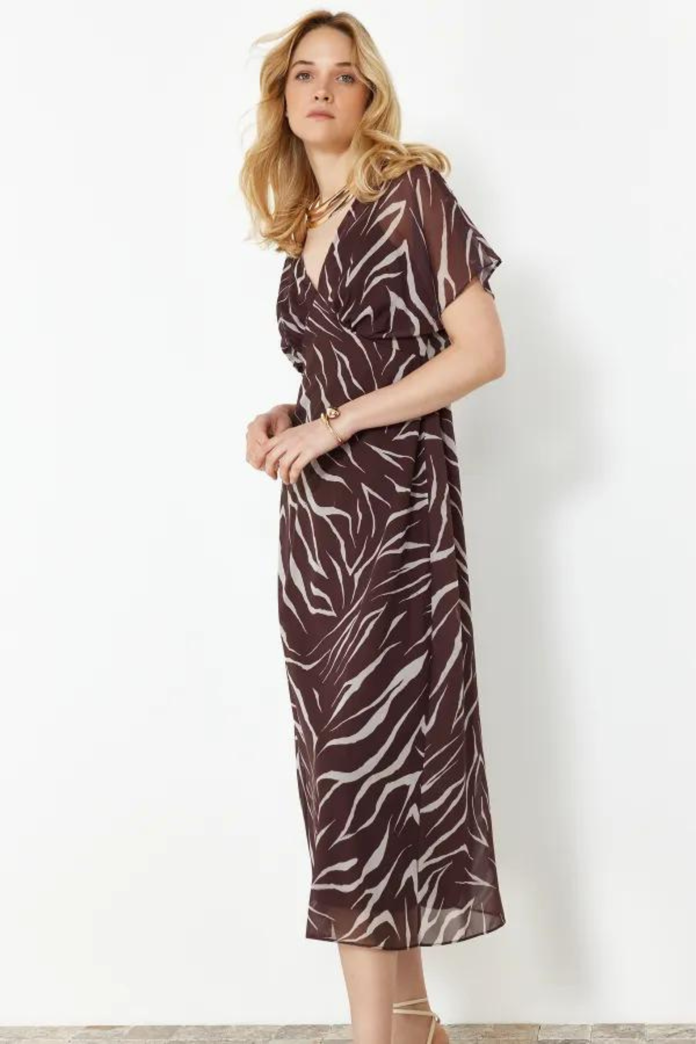 Brown Zebra Printed satin short sleeve midi dress