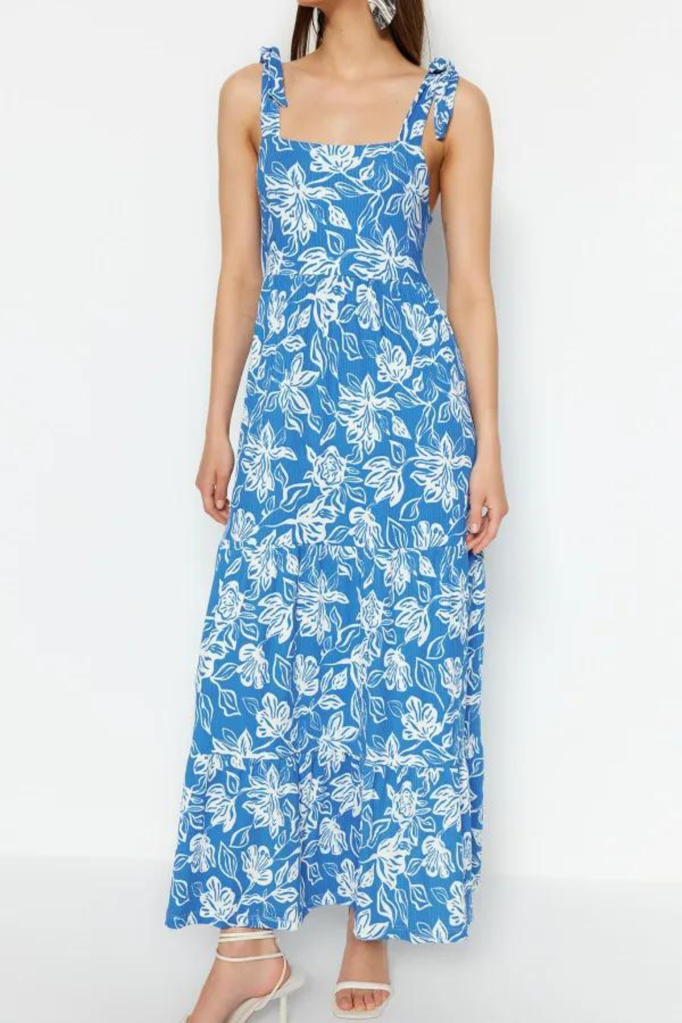 Navy Blue Tie Strap Floral Maxi Knitted Dress