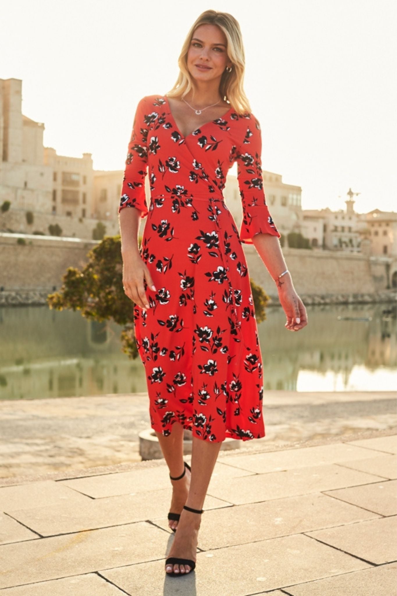 Floral Print Red & Black Jersey Midi Dress