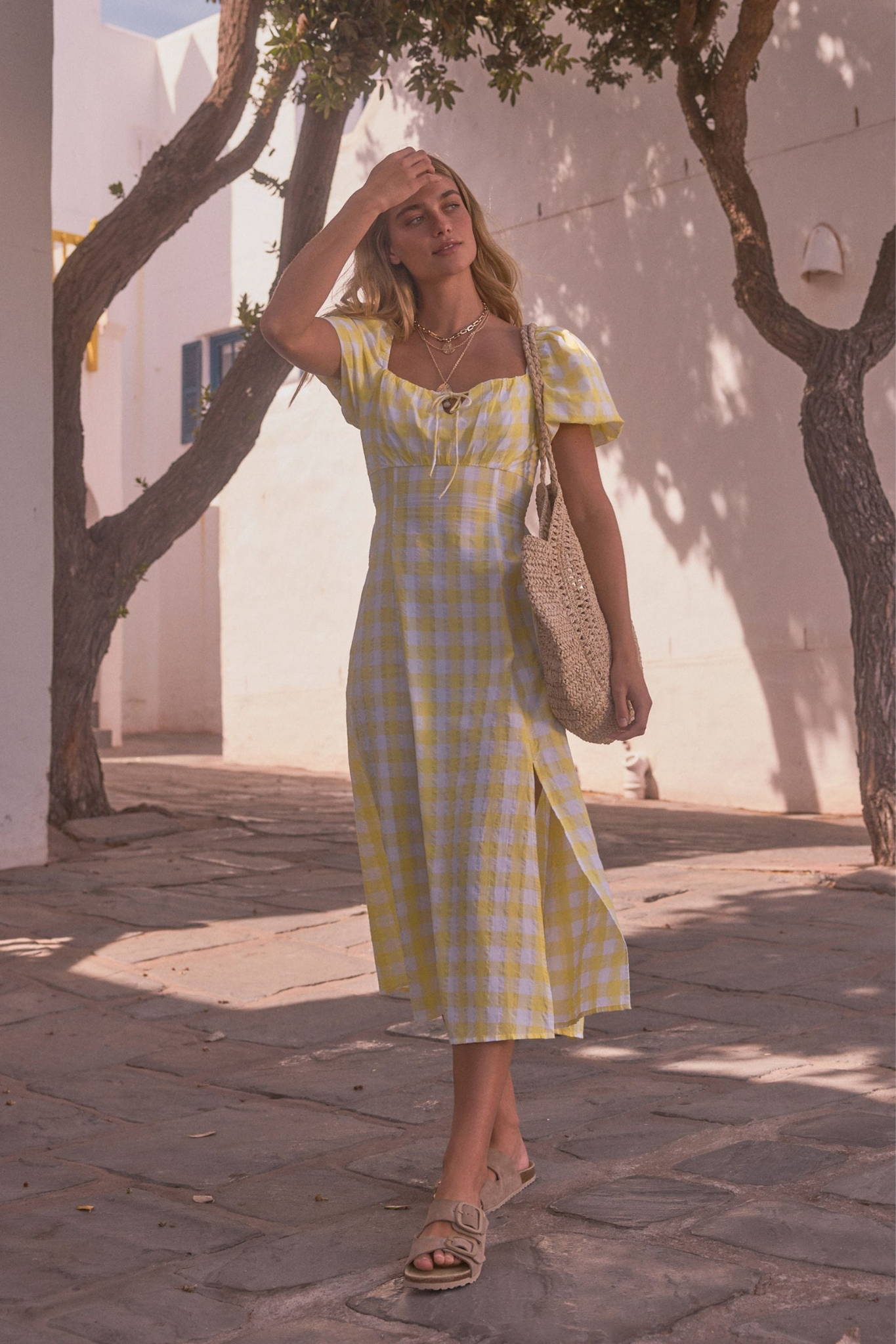 Yellow Check Puff Sleeve Midi Dress