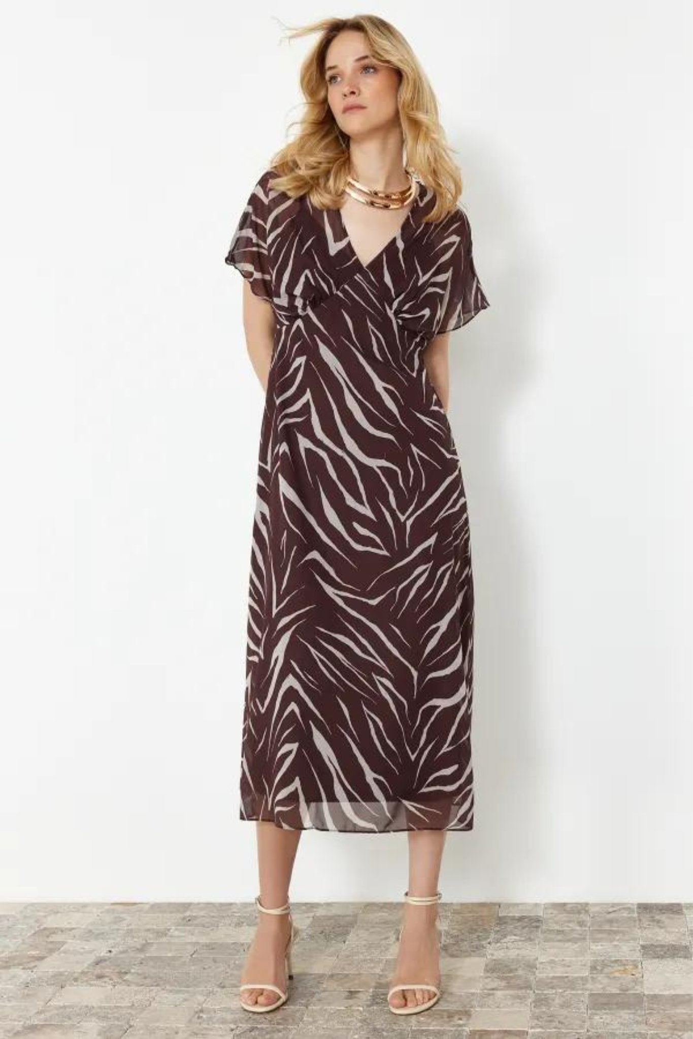 Brown Zebra Printed satin short sleeve midi dress