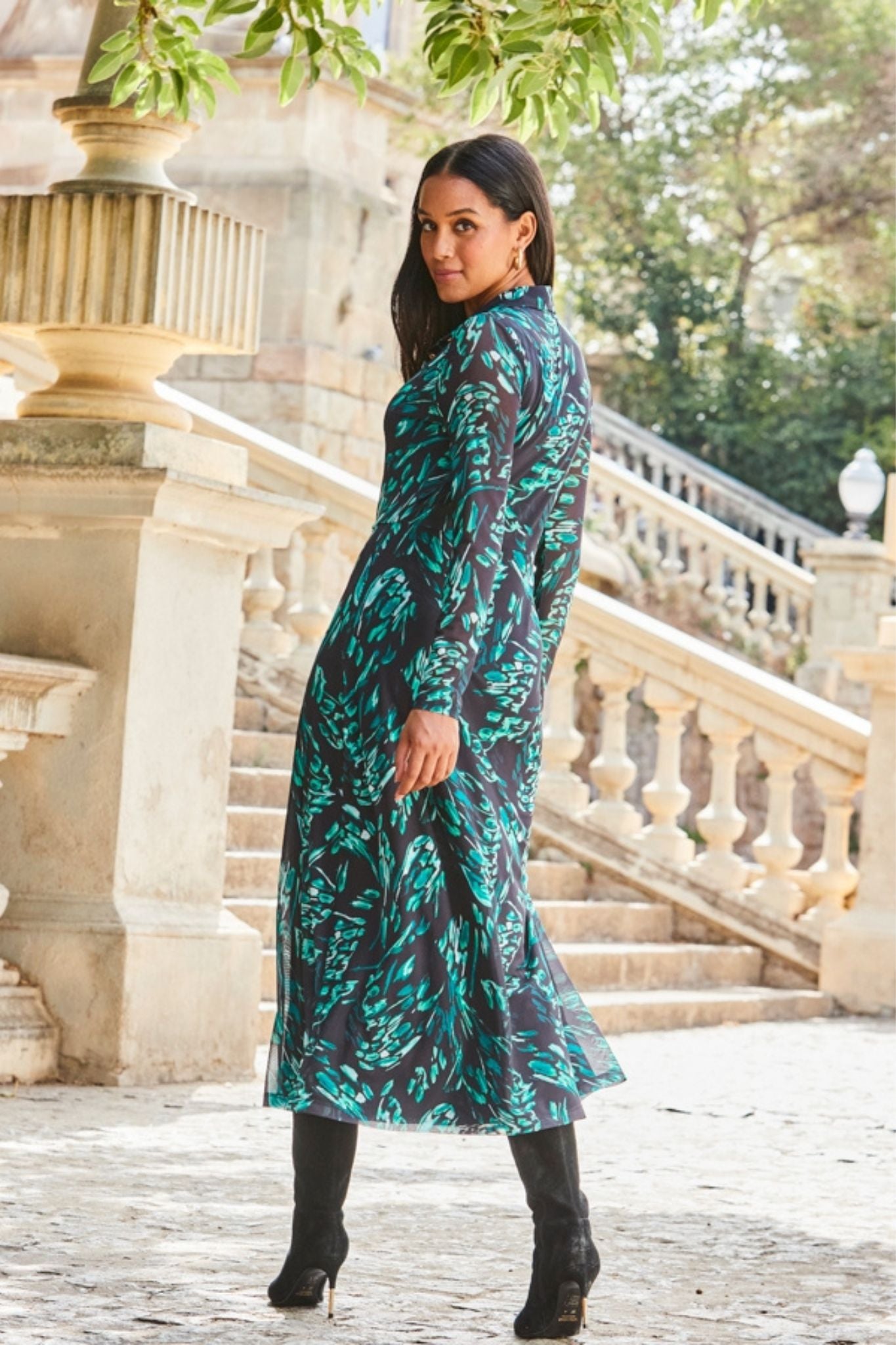 Green Butterfly Print Crepe Wrap Dress