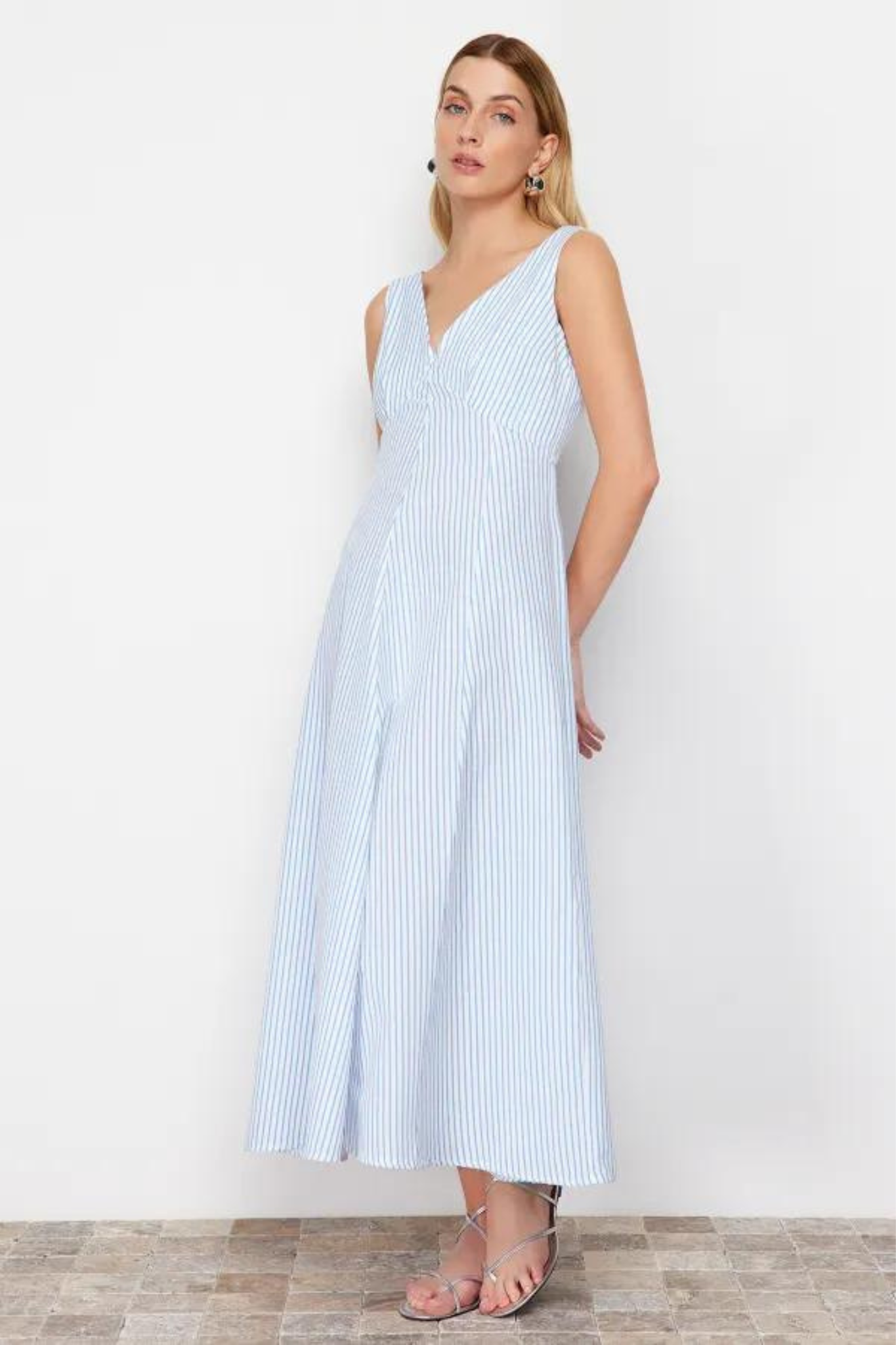 white Striped A-line V-neck Maxi Dress