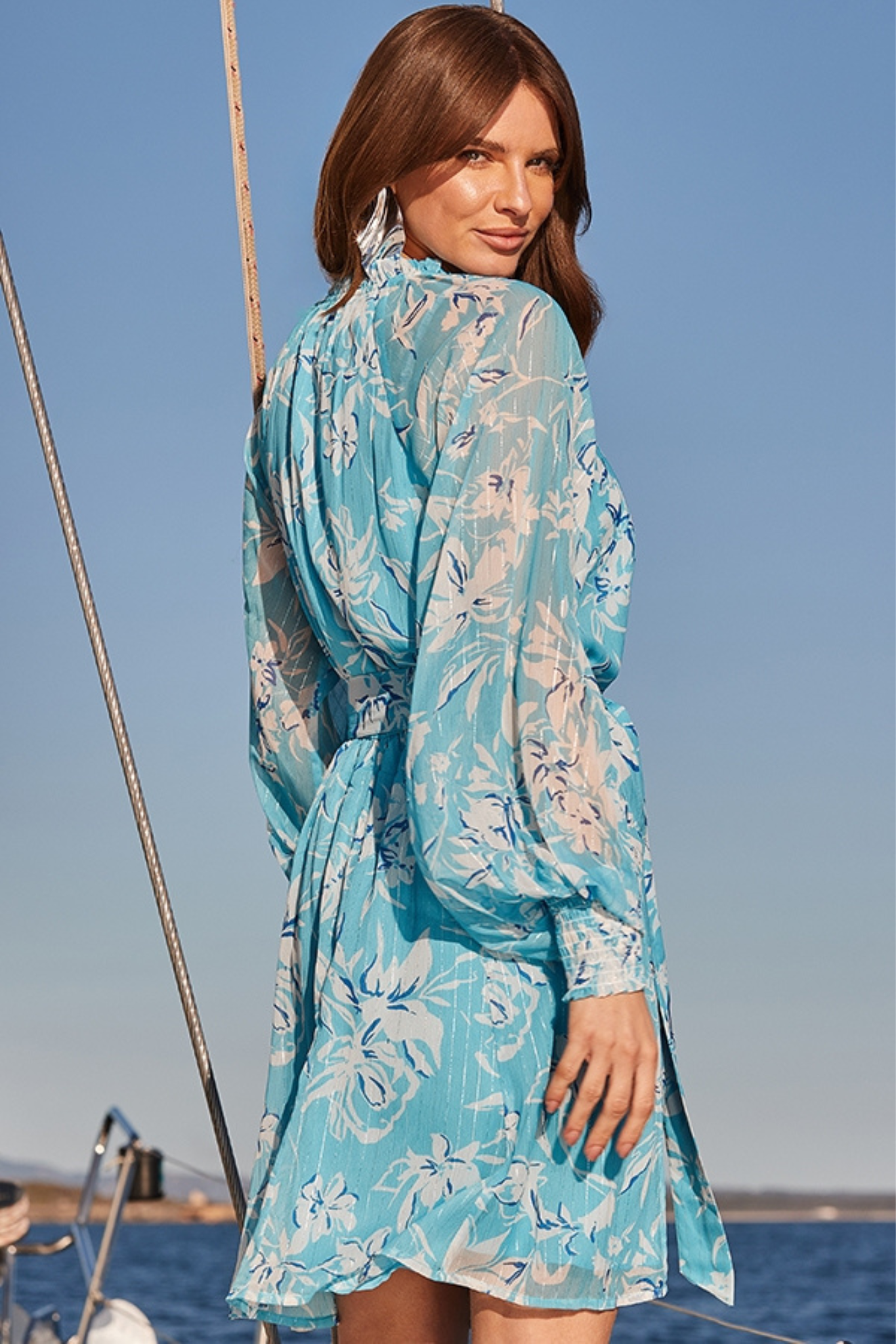 Aqua Floral Print Sheer Sleeve Shirt Dress