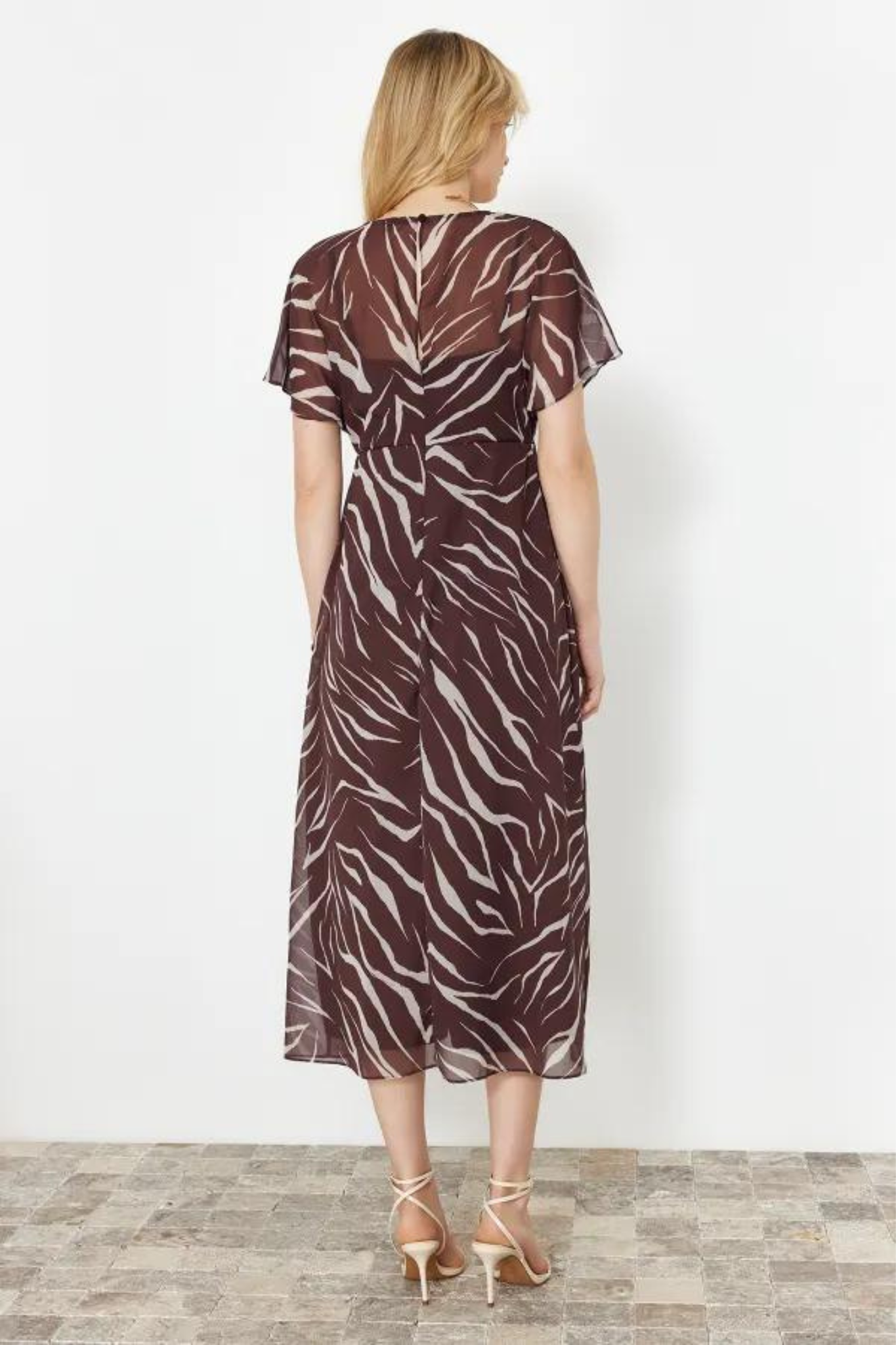 Brown Zebra Printed satin short sleeve midi dress