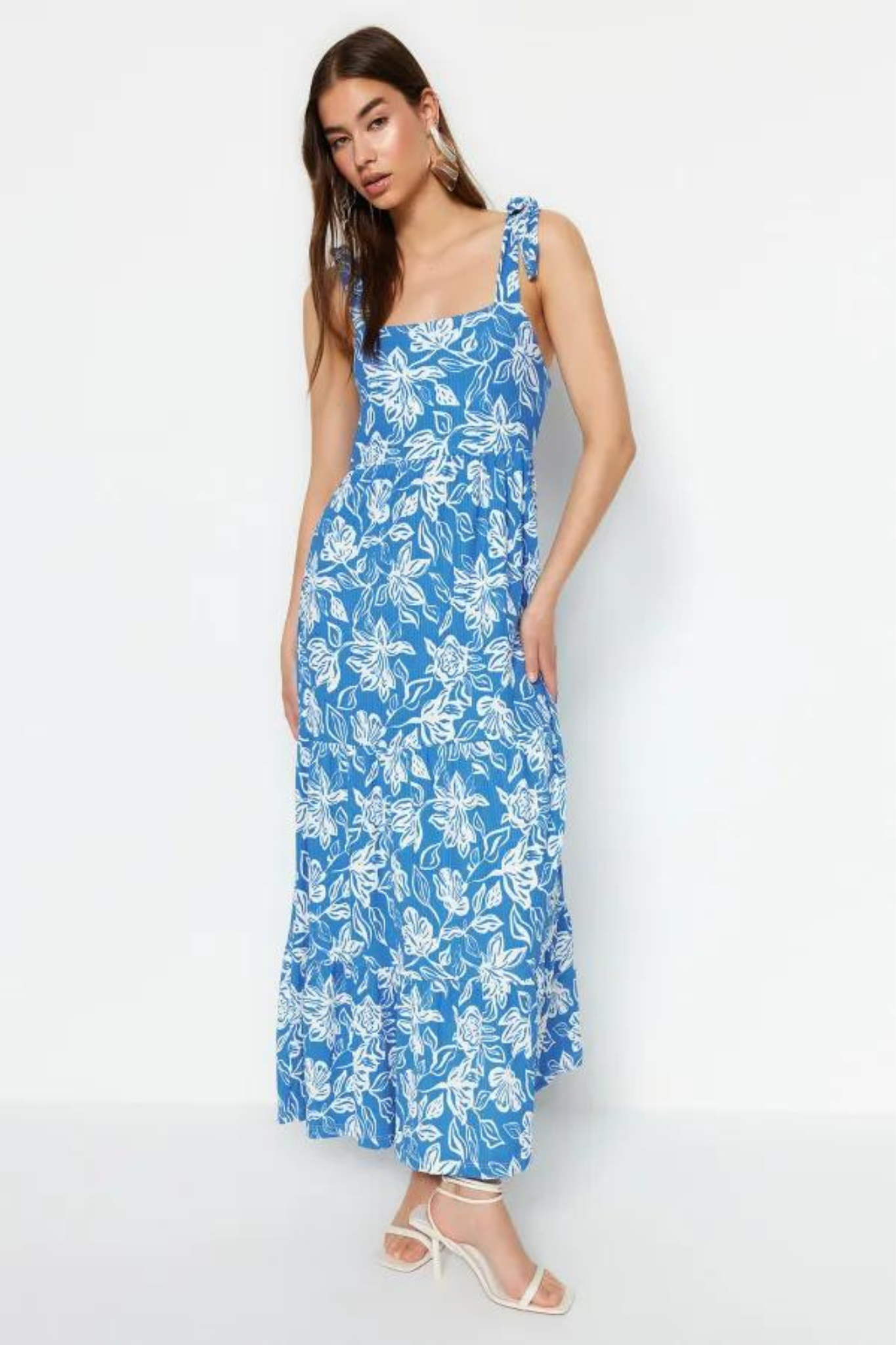 Navy Blue Tie Strap Floral Maxi Knitted Dress