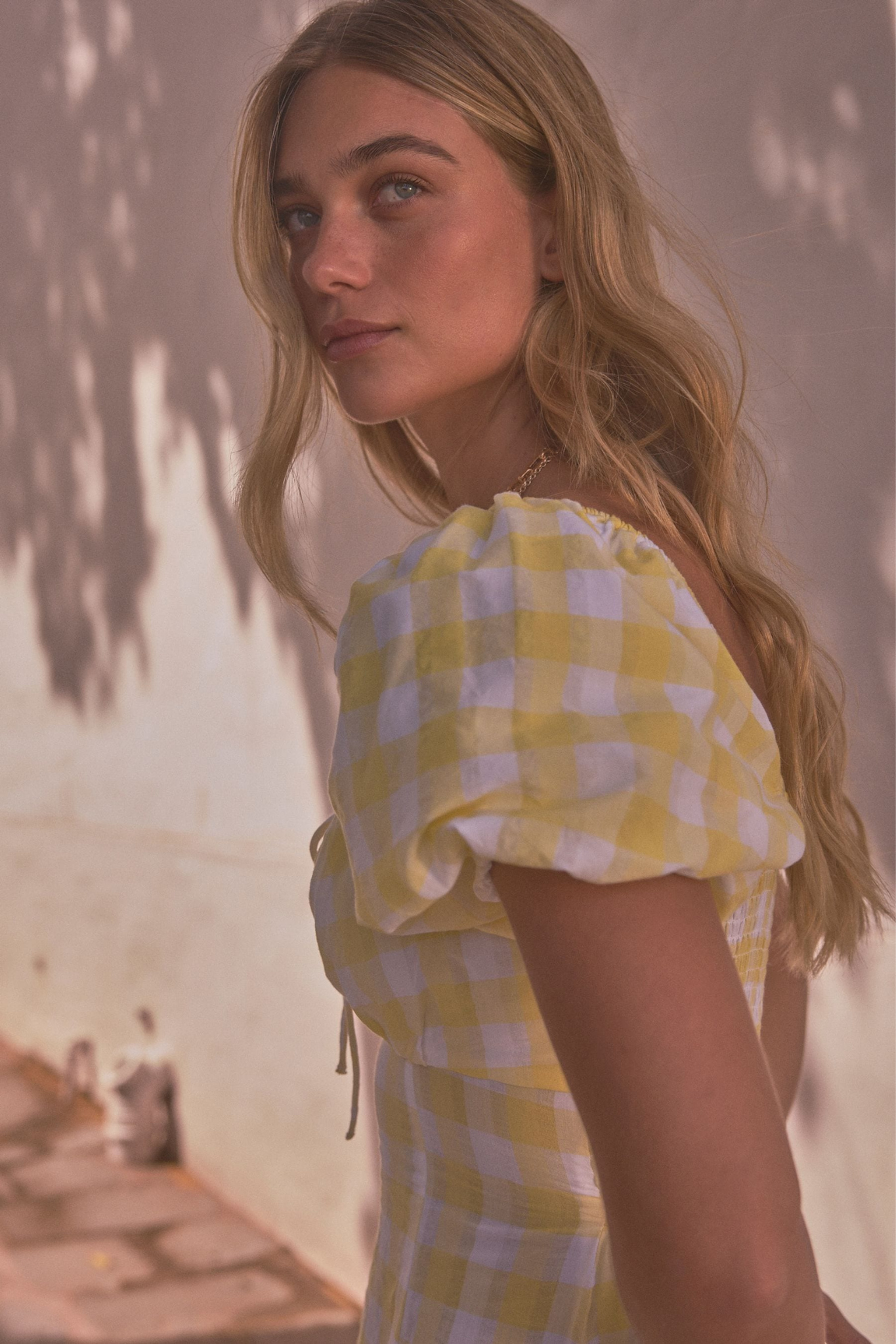 Yellow Check Puff Sleeve Midi Dress