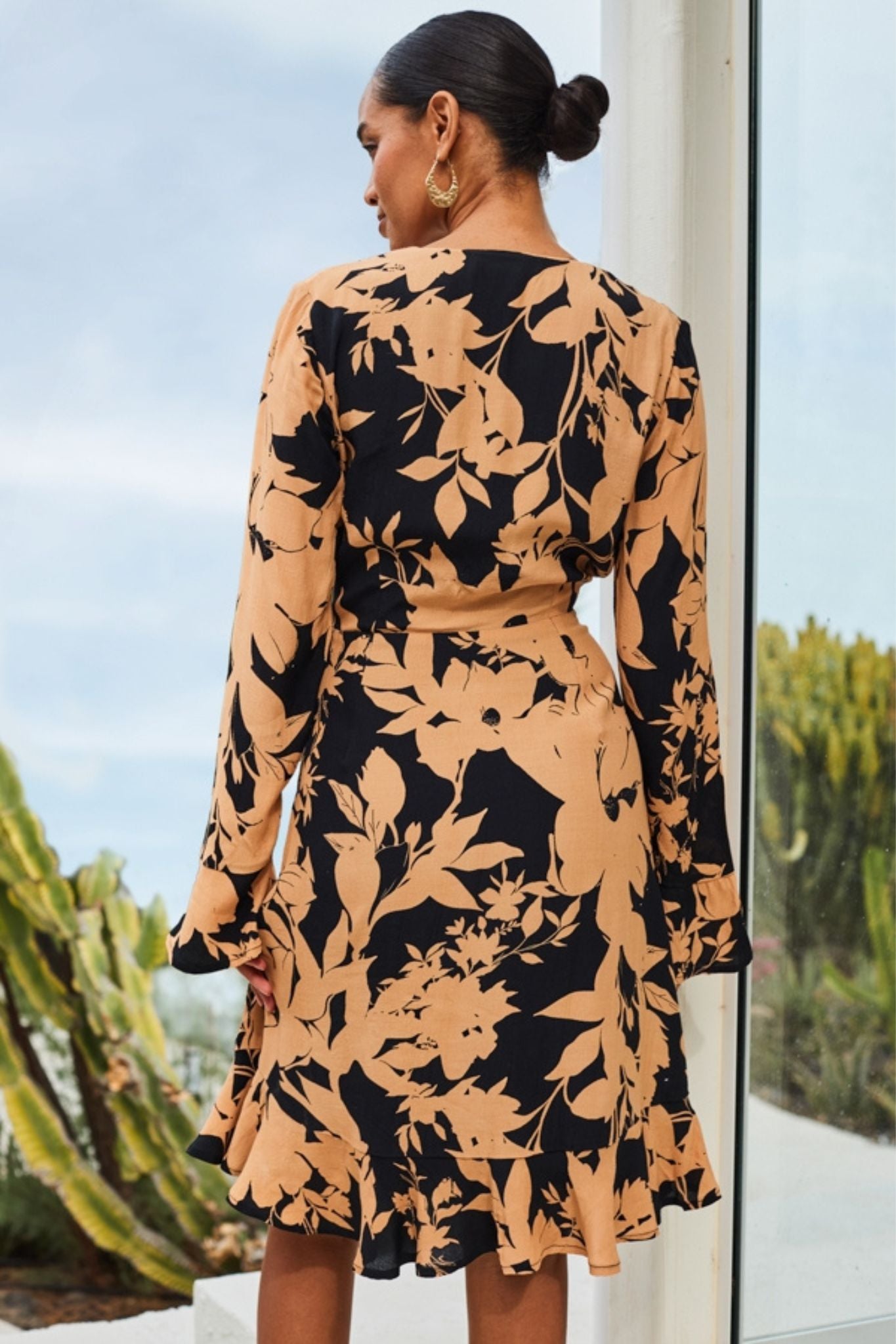 Panama Midi Wrap Dress In Beige With Black Leaf Print