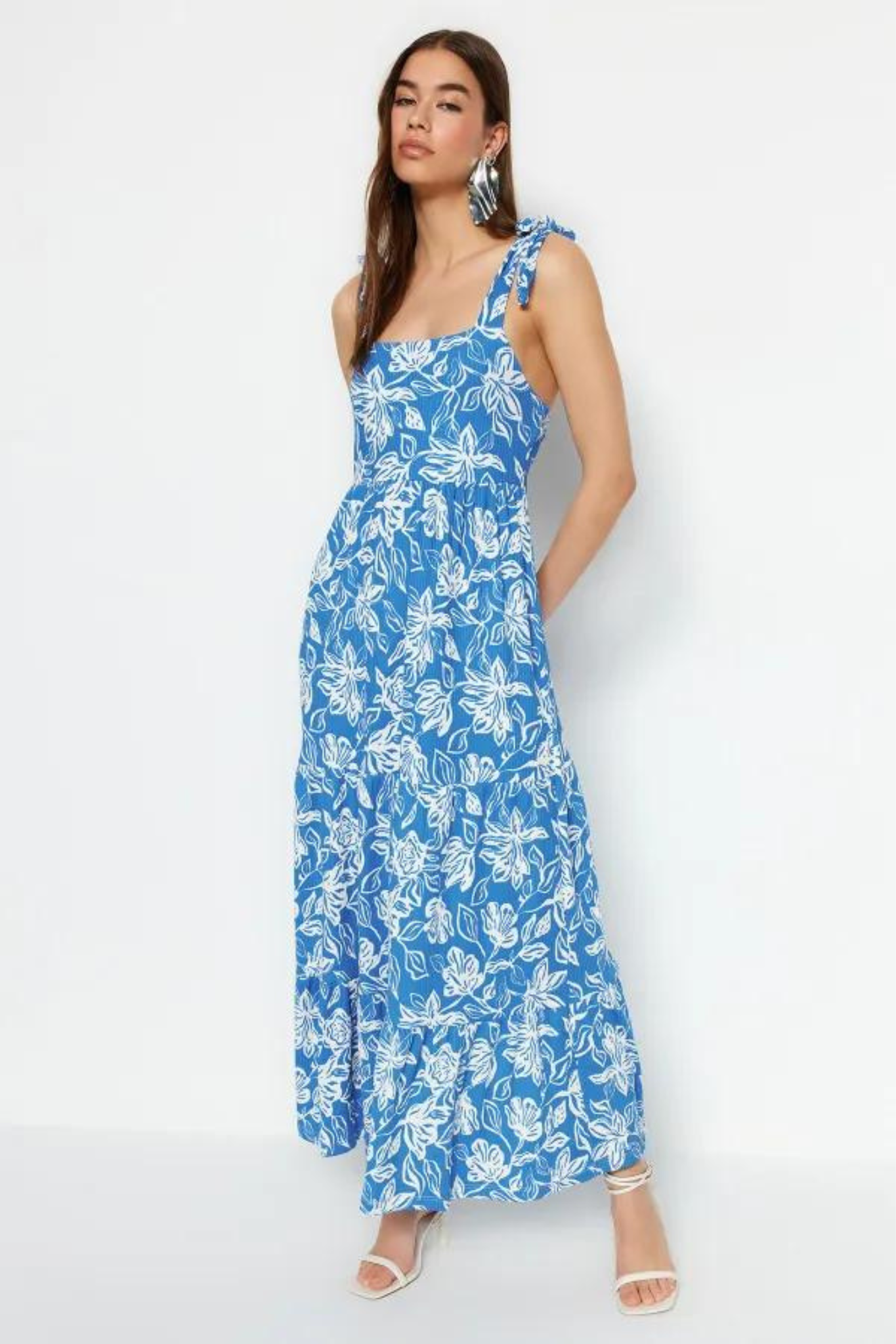 Navy Blue Tie Strap Floral Maxi Knitted Dress