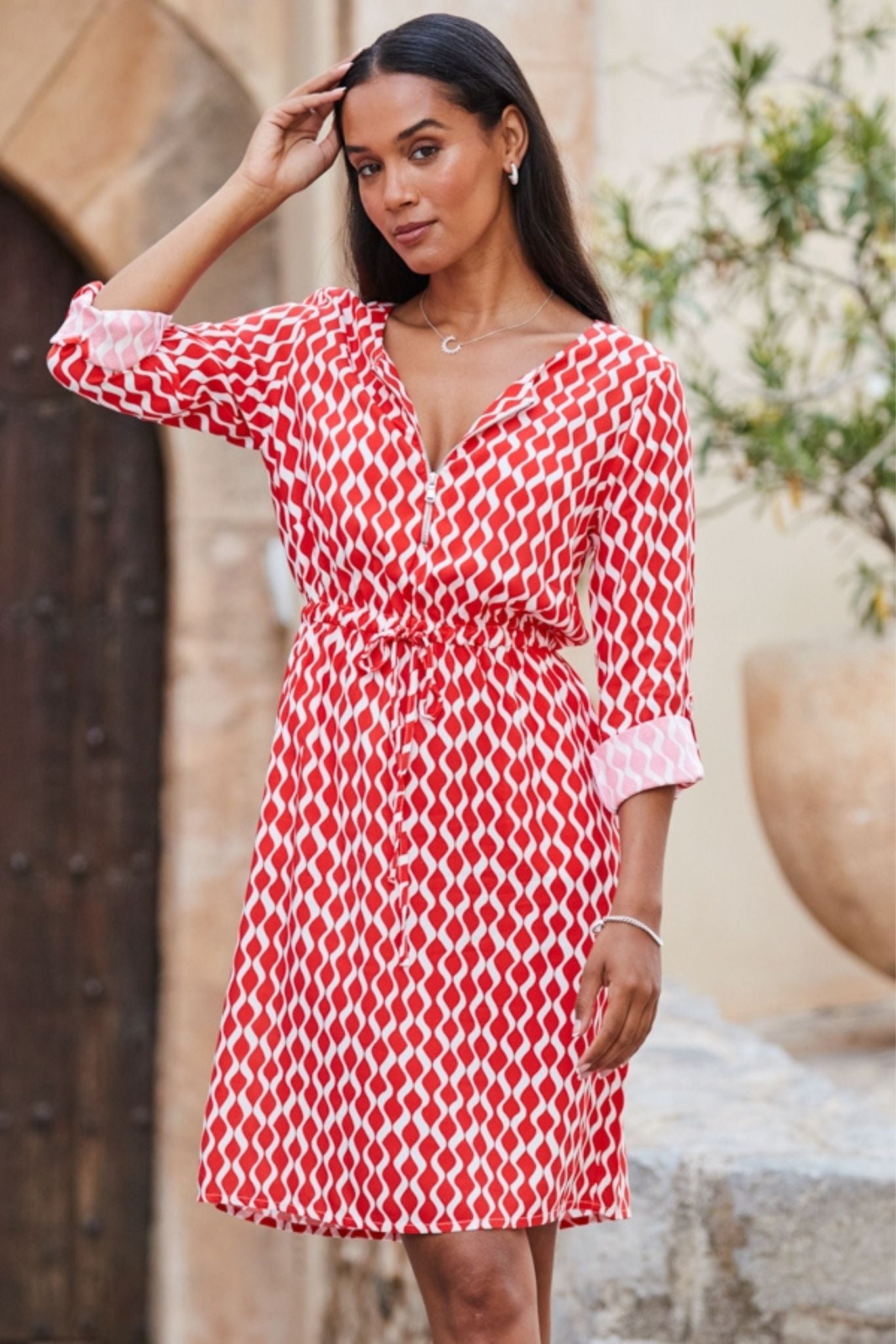 Red Allover Print Tassel Tie Front Dress