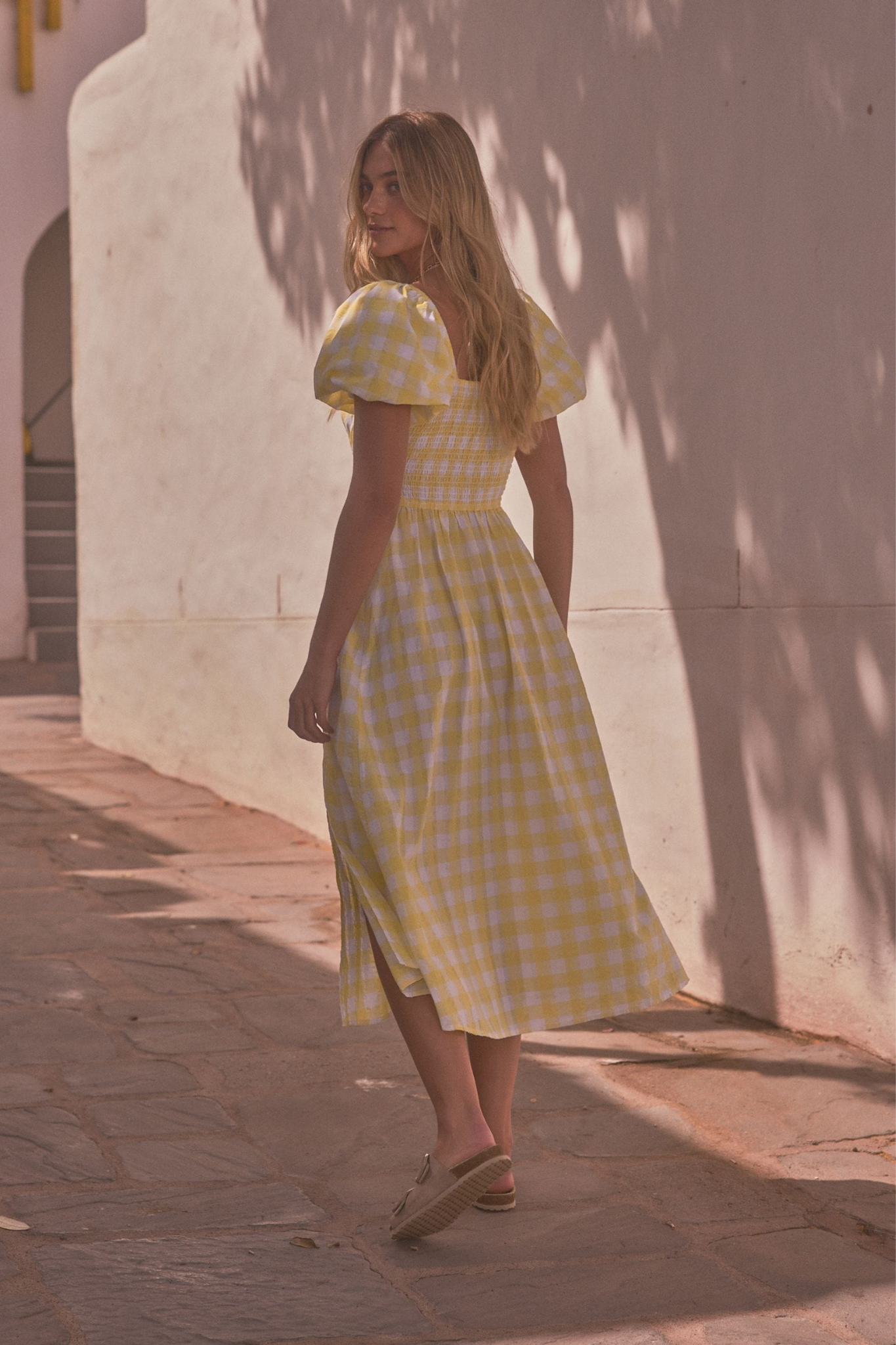 Yellow Check Puff Sleeve Midi Dress