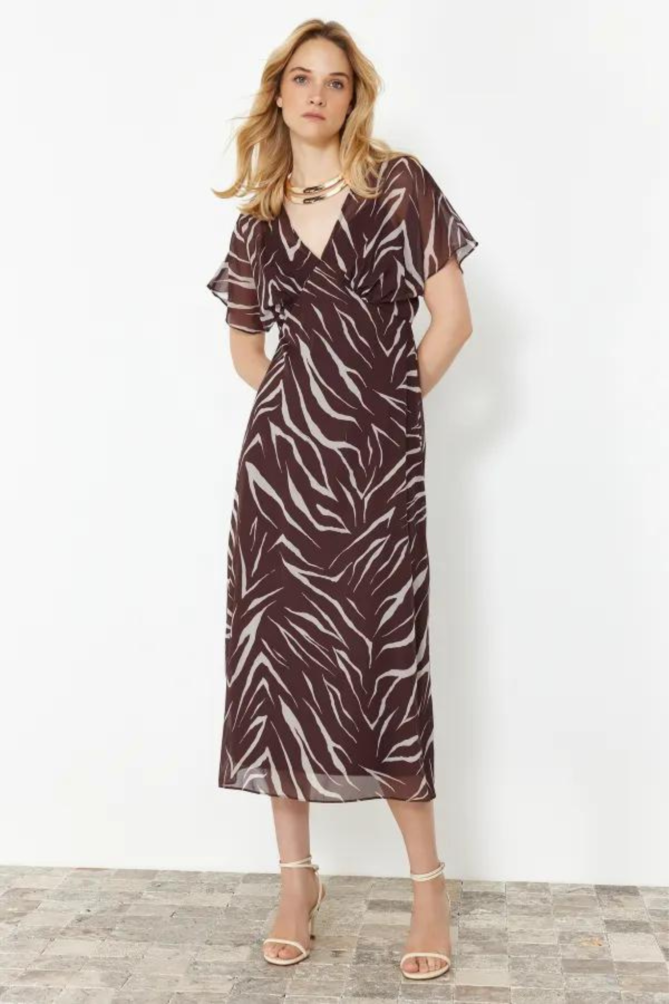 Brown Zebra Printed satin short sleeve midi dress