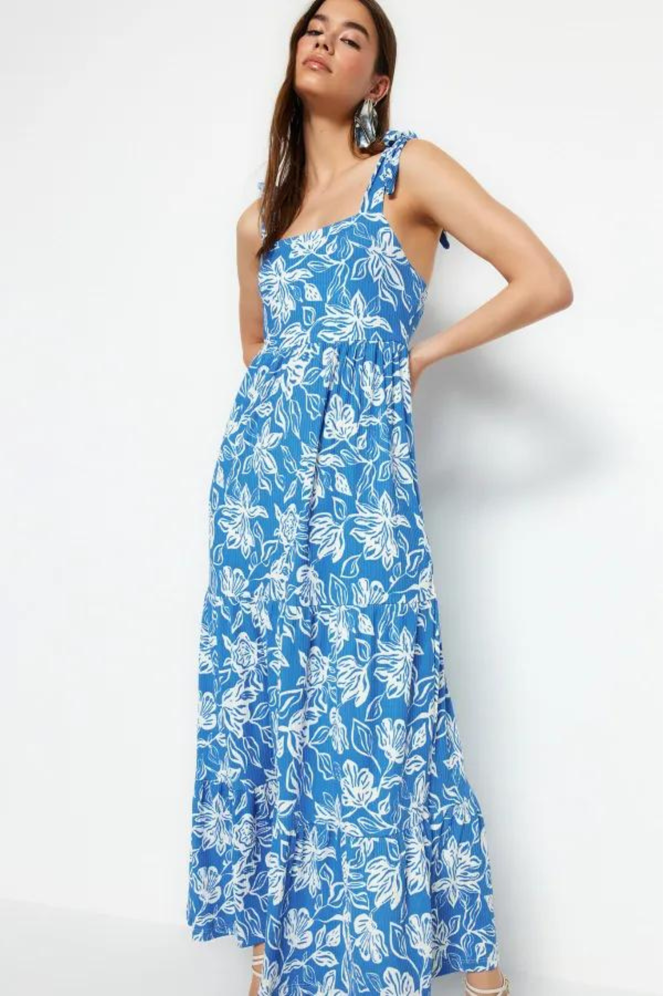 Navy Blue Tie Strap Floral Maxi Knitted Dress