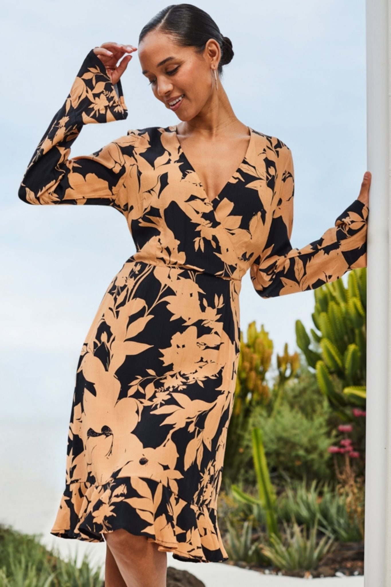 Panama Midi Wrap Dress In Beige With Black Leaf Print