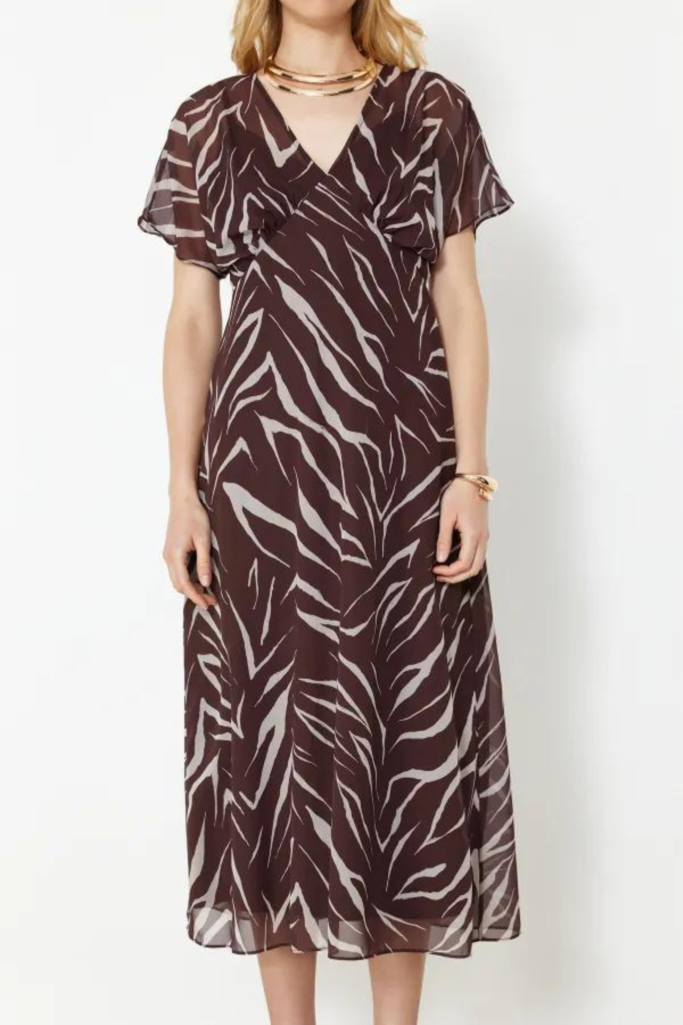 Brown Zebra Printed satin short sleeve midi dress