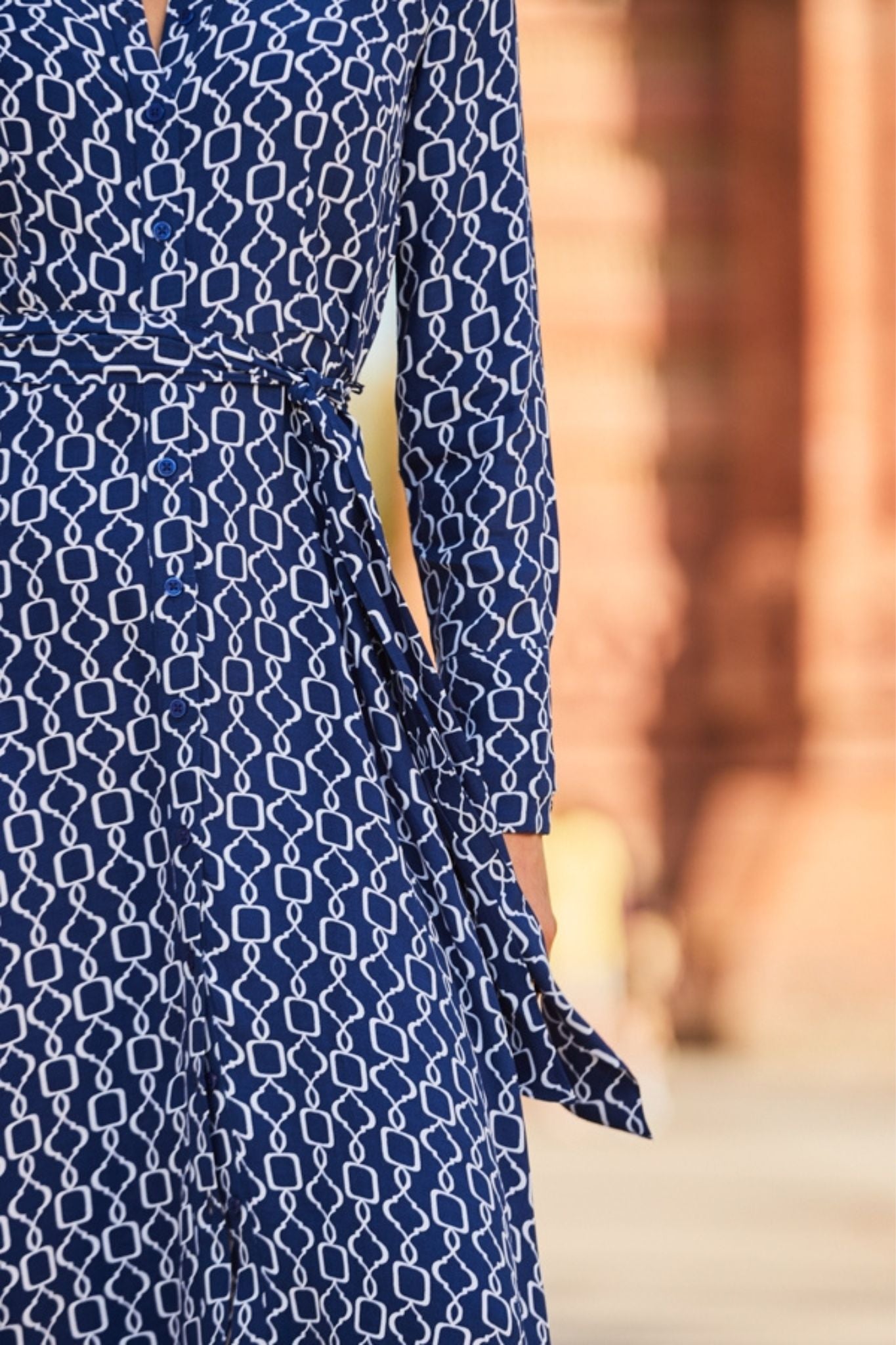 Blue & White Foliage Print Jersey Shirt Dress