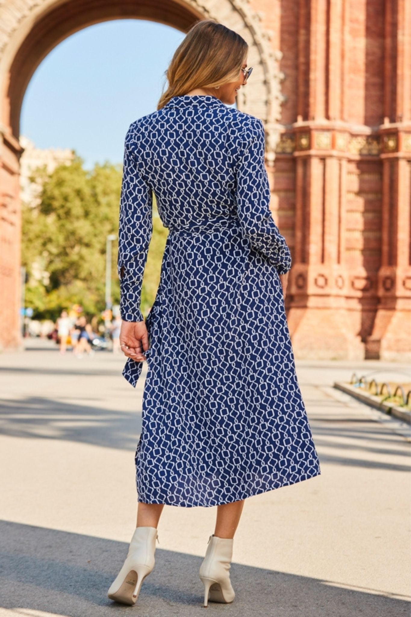 Blue & White Foliage Print Jersey Shirt Dress