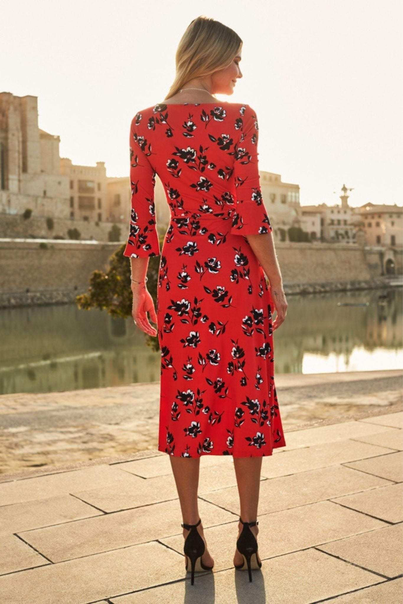 Floral Print Red & Black Jersey Midi Dress